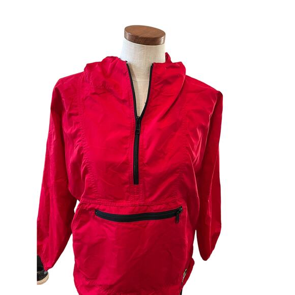 Vintage 80s LL Bean Red Kangaroo Pocket Hooded Windbreaker S - Picture 2 of 8